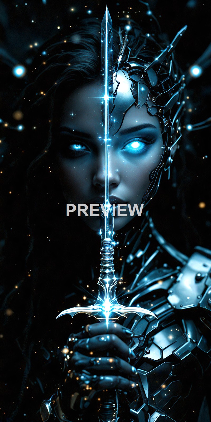 A futuristic, robotic woman with glowing blue eyes and metallic armor holding a glowing sword, with half of her face appearing human and the other half mechanical.